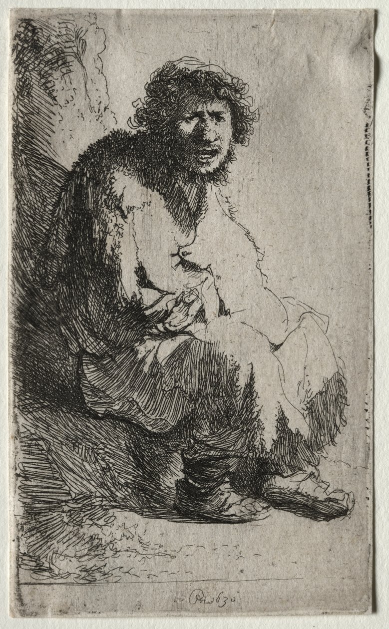 Mendigo sentado em um banco de Rembrandt van Rijn