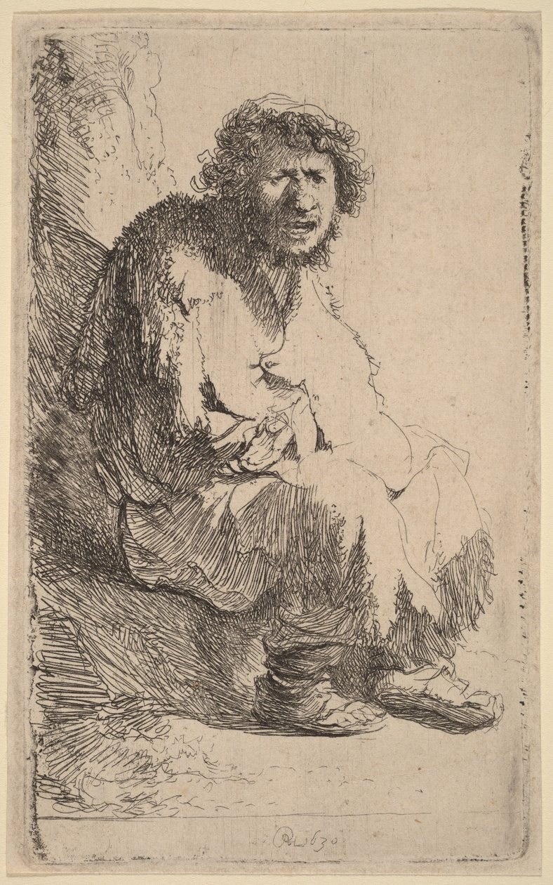 Mendigo sentado num banco de Rembrandt van Rijn