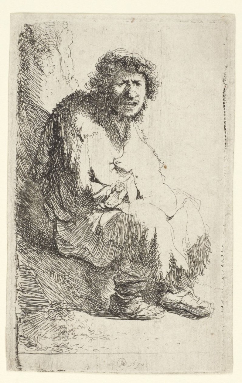 Mendigo sentado num banco de Rembrandt van Rijn