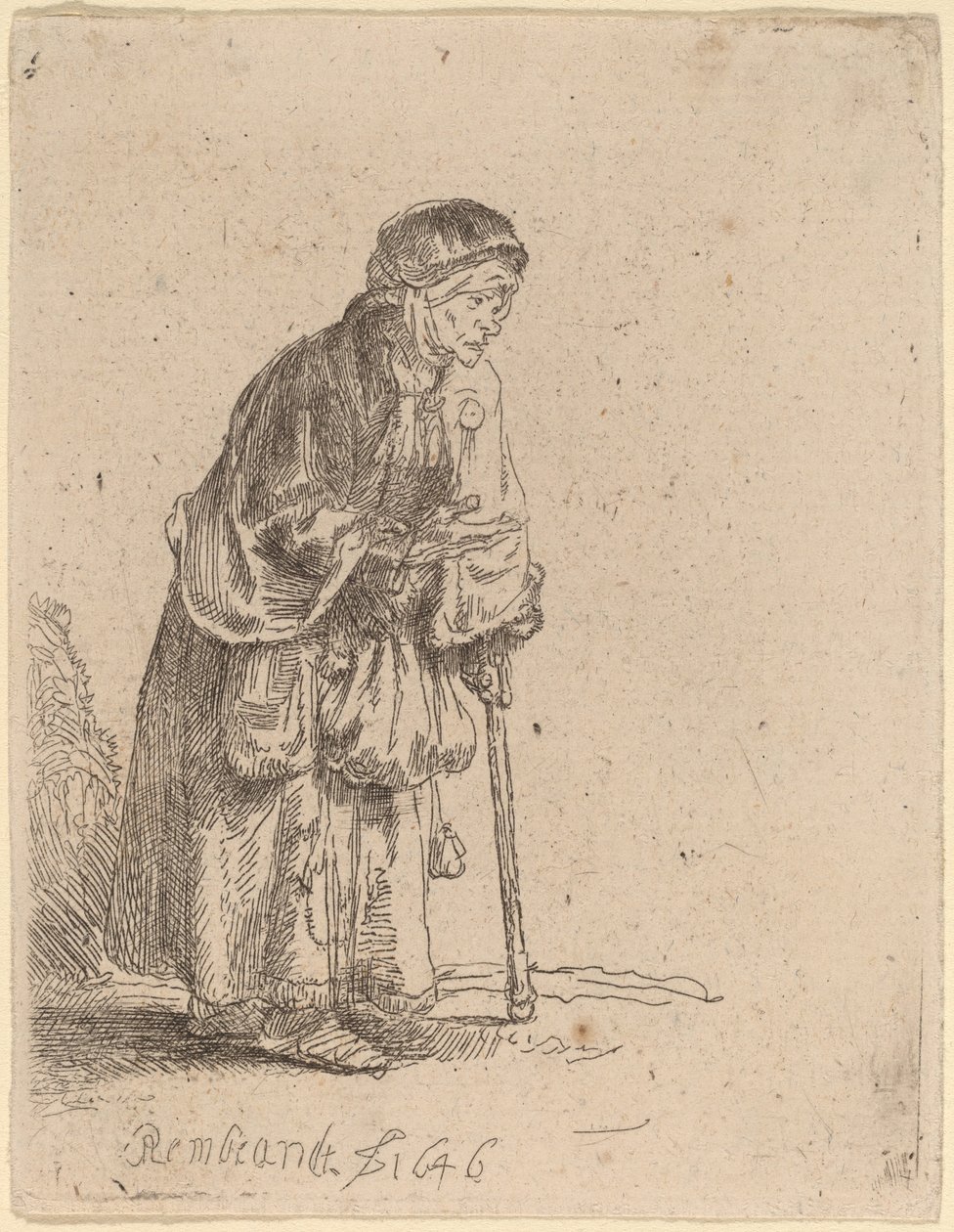 Mendiga apoiada em uma vara de Rembrandt van Rijn