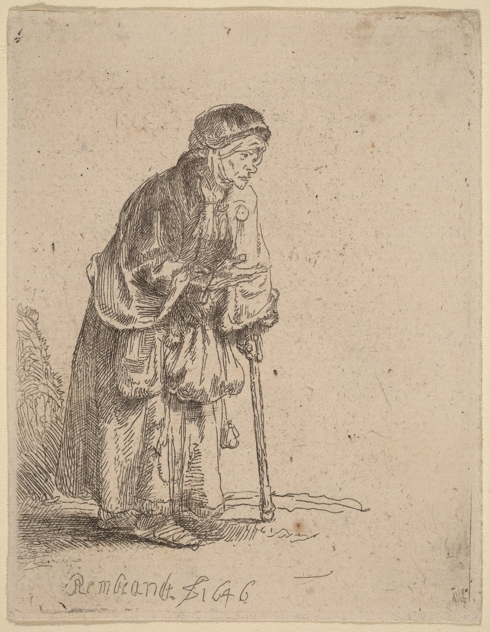 Mendiga apoiada numa bengala de Rembrandt van Rijn