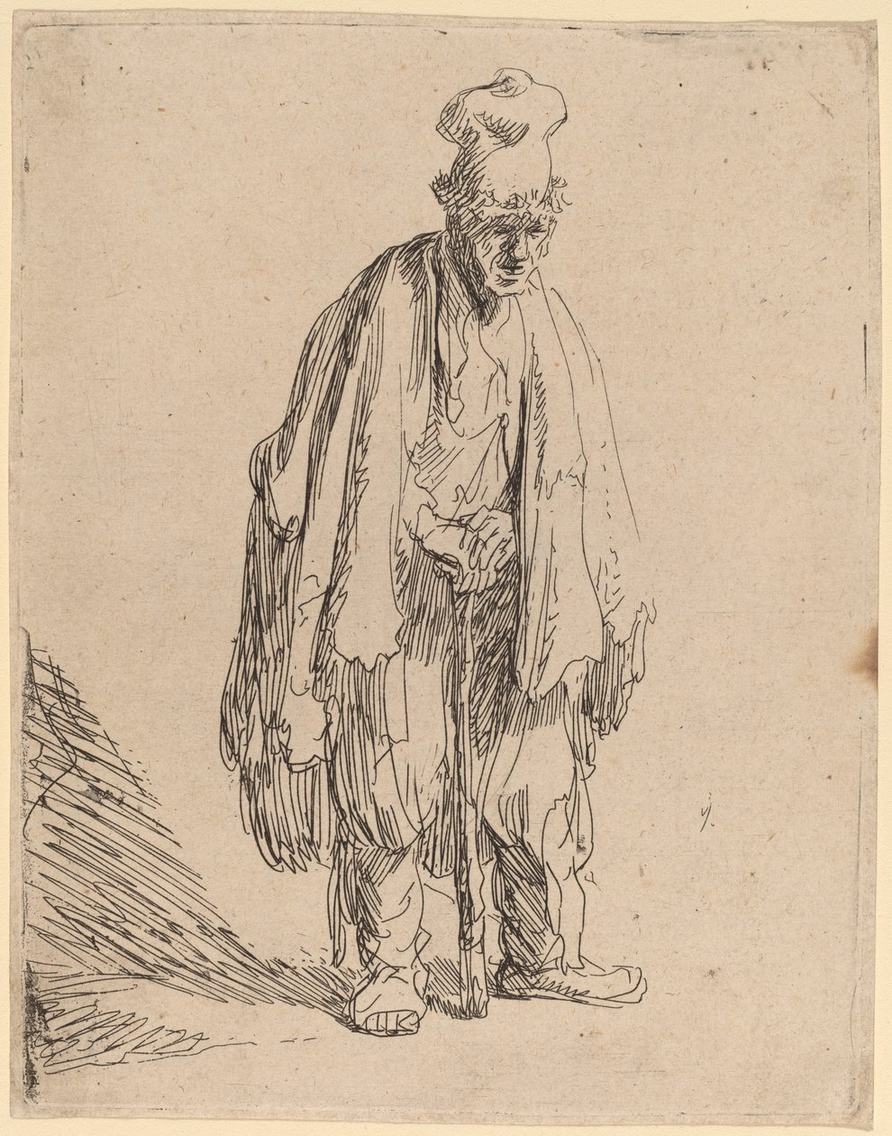 Mendigo em um boné alto, em pé e apoiado em uma vara de Rembrandt van Rijn