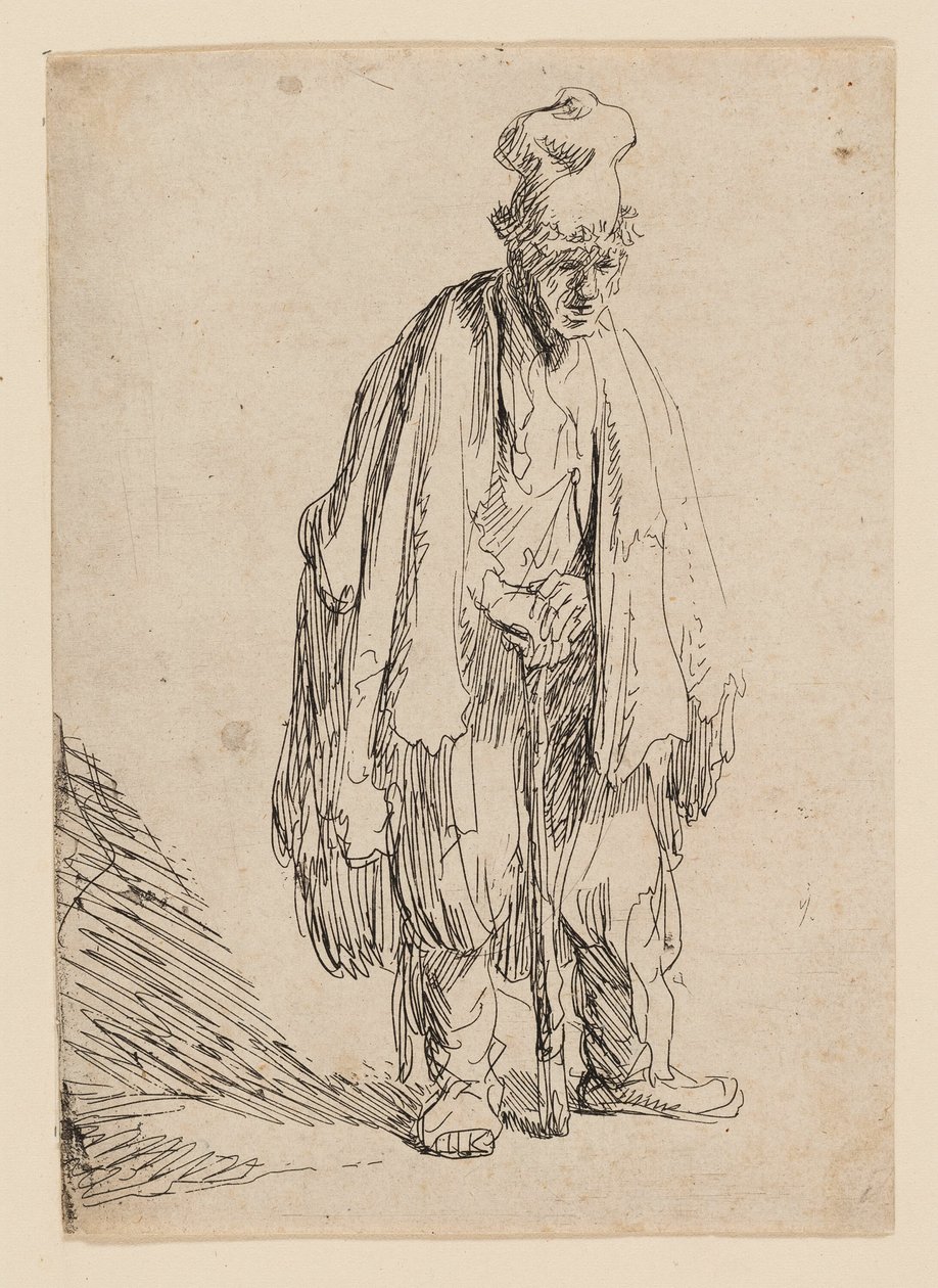 Mendigo em um boné alto, em pé e apoiado em uma vara de Rembrandt van Rijn