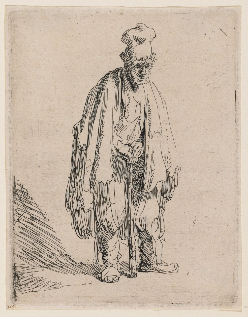 Mendigo com boné de pala alta, de pé e apoiado numa bengala de Rembrandt van Rijn