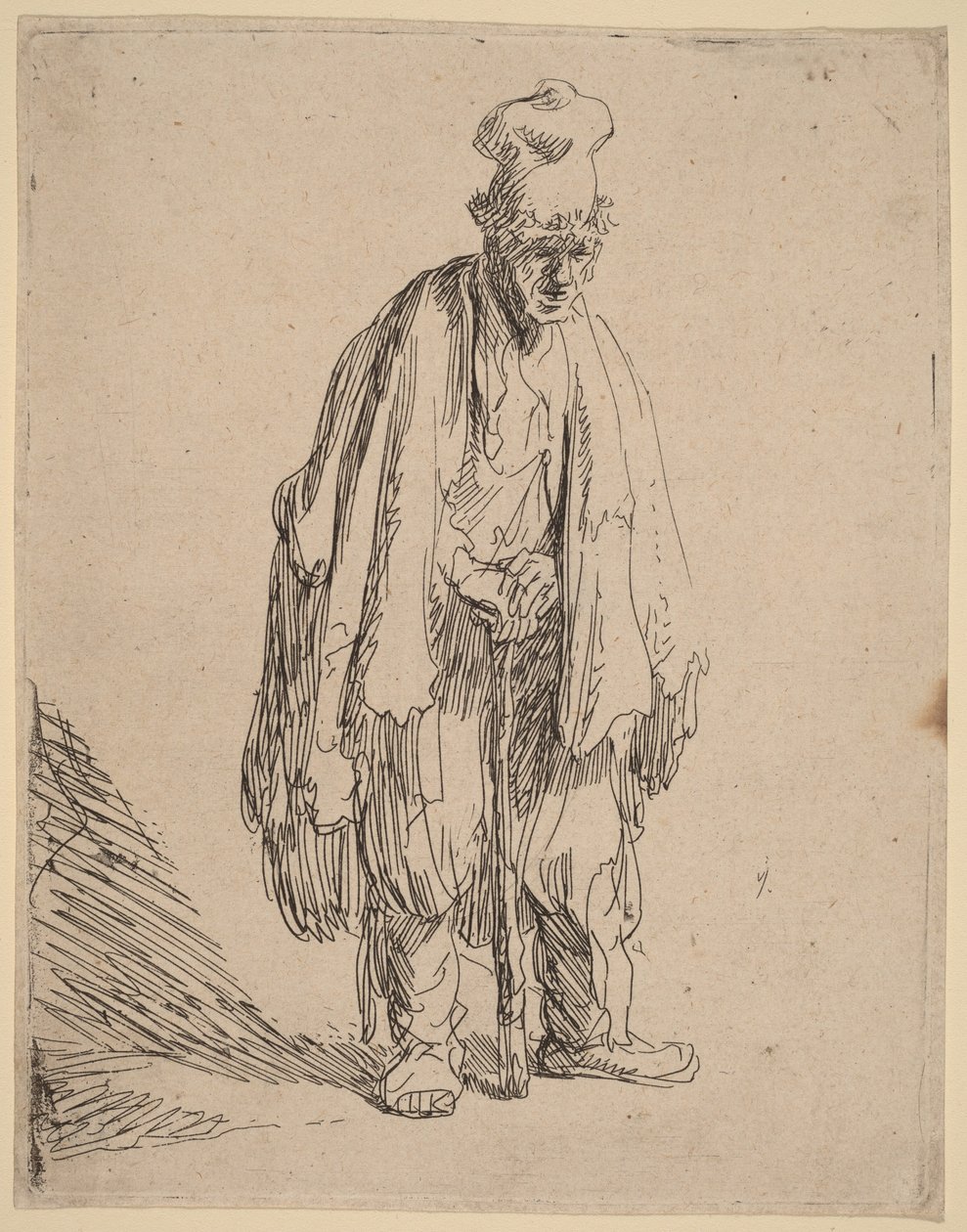 Mendigo com boné de pala alta, de pé e apoiado numa bengala de Rembrandt van Rijn