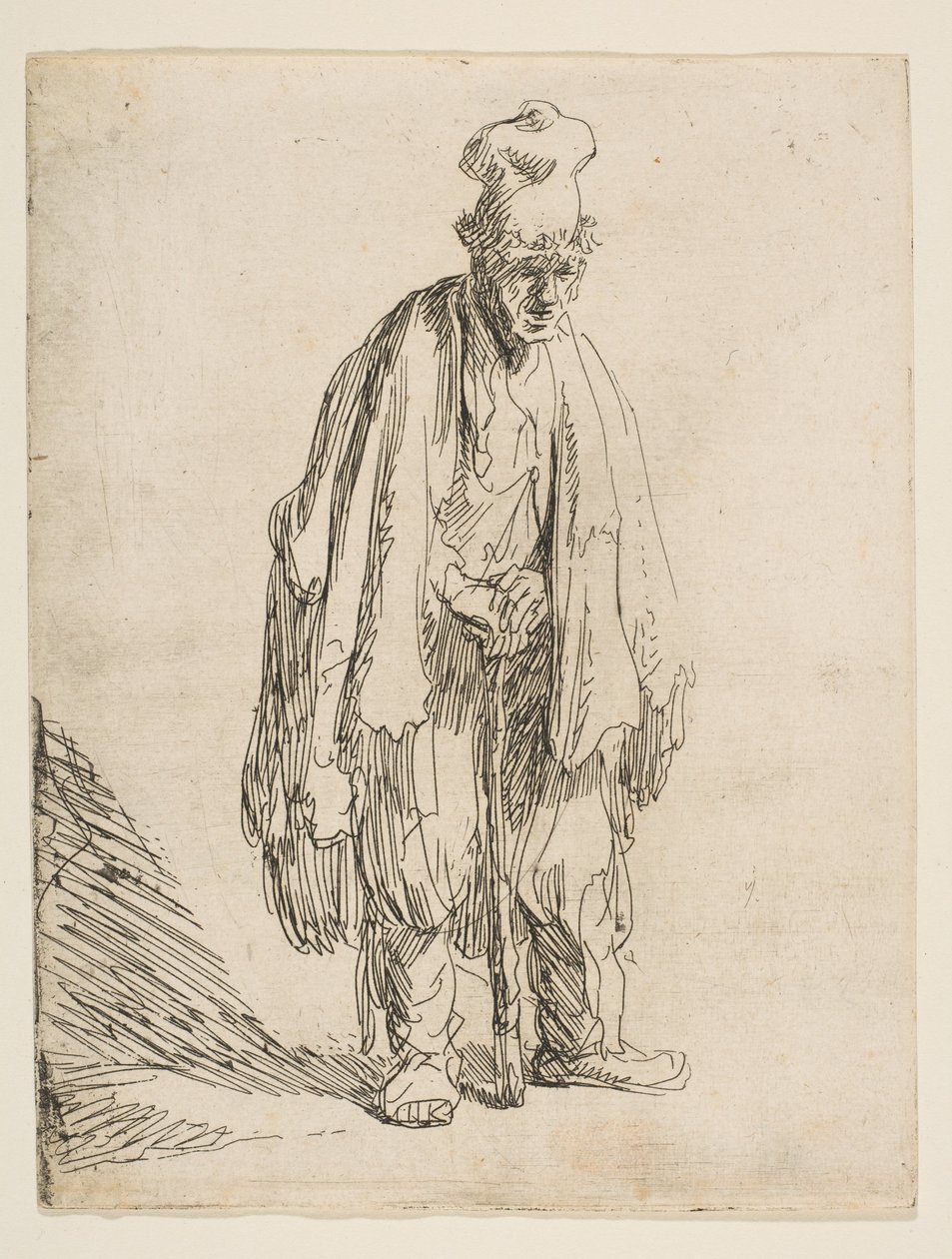 Mendigo de boné alto, de pé e apoiado em uma vara, ca. 1629 de Rembrandt van Rijn
