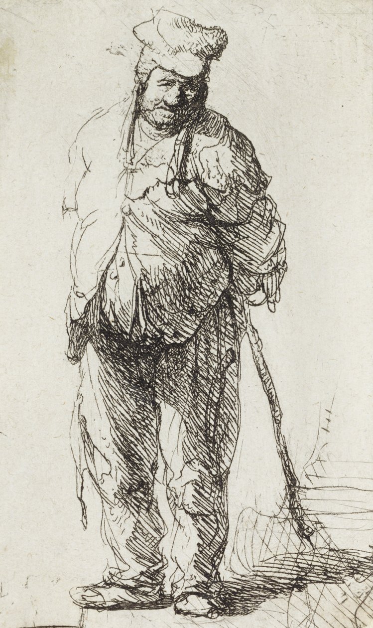 Mendigo apoiado num pau (caneta e tinta sobre papel) de Rembrandt van Rijn