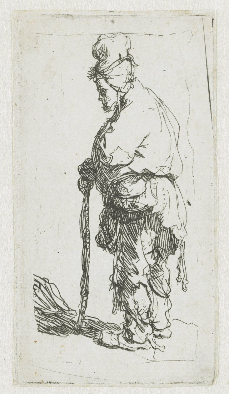 Mendigo apoiado numa bengala, virado para a esquerda de Rembrandt van Rijn