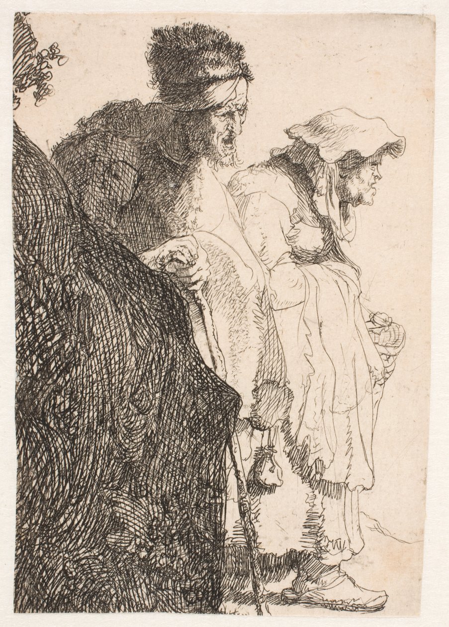 Um mendigo e uma mendiga atrás de um banco de Rembrandt van Rijn
