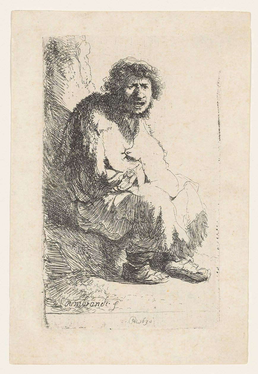 Mendigo sentado em um banco, 1630 de Rembrandt van Rijn