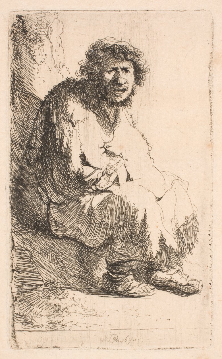 Mendigo sentado numa margem de Rembrandt van Rijn