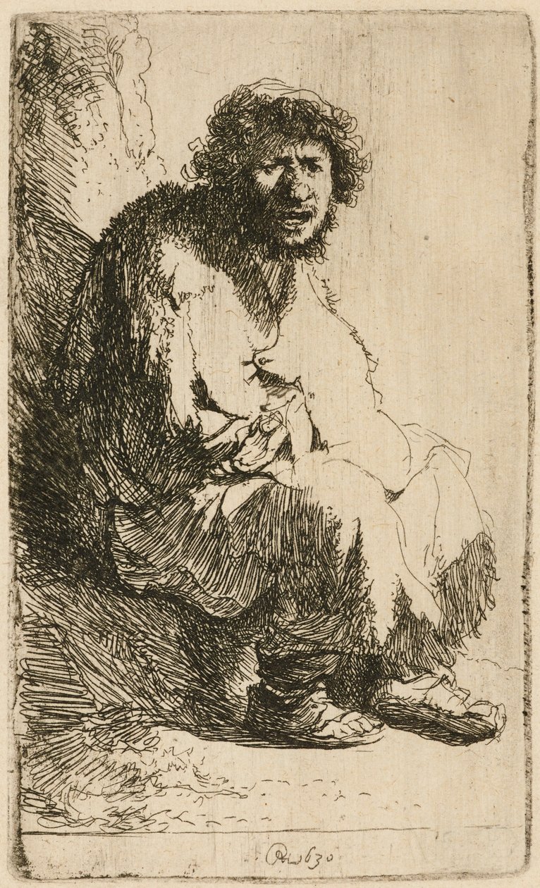 Mendigo sentado em um banco, 1630. de Rembrandt van Rijn