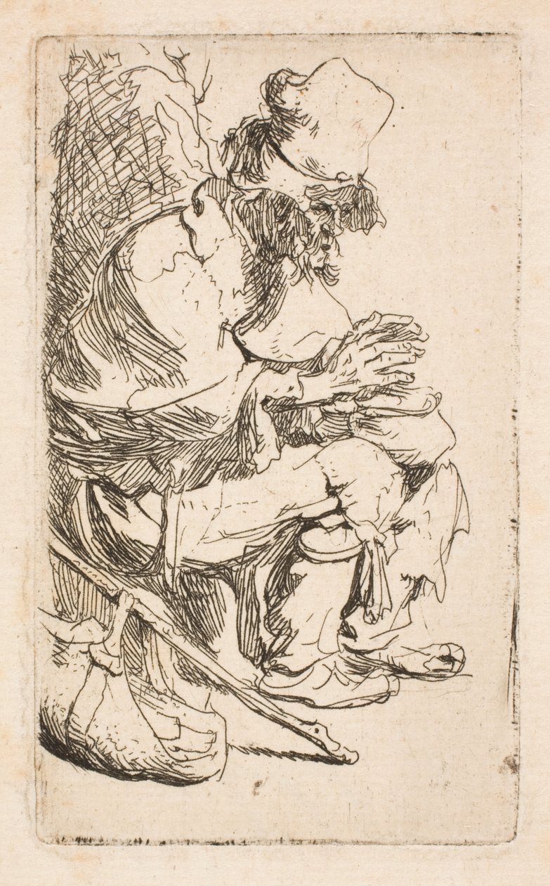 Mendigo sentado a aquecer as mãos junto a um aquecedor de comida de Rembrandt van Rijn