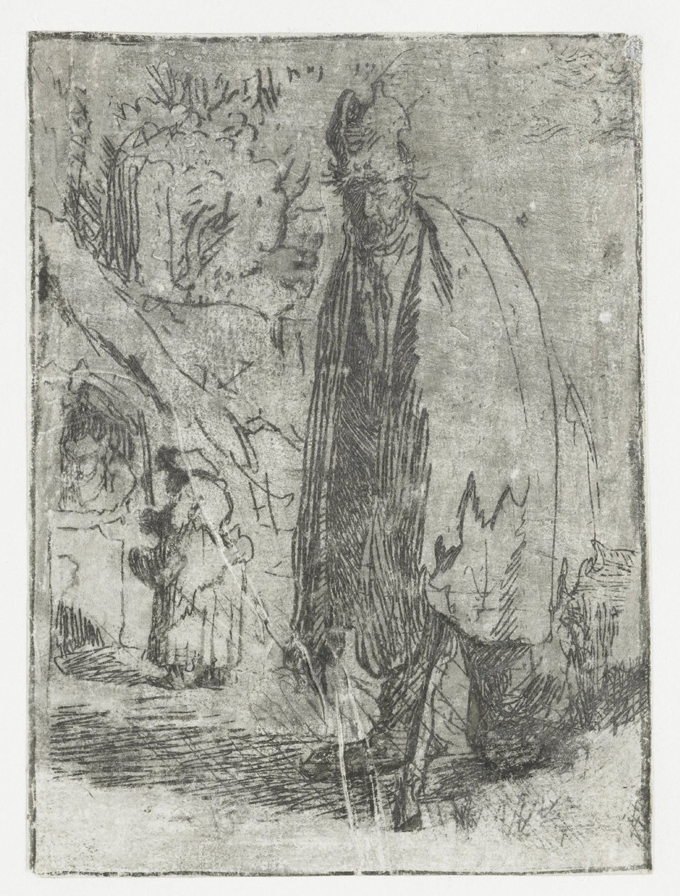 Mendigo com uma cabana e duas figuras ao fundo de Rembrandt van Rijn
