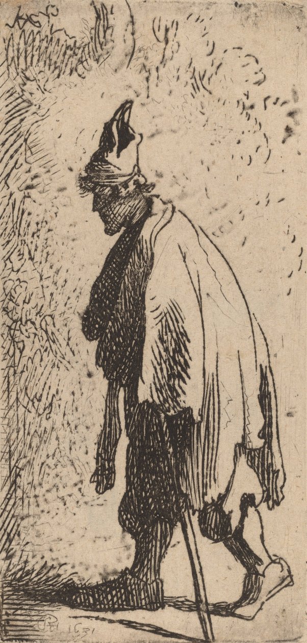Mendigo com uma vara, andando para a esquerda, 1631. de Rembrandt van Rijn