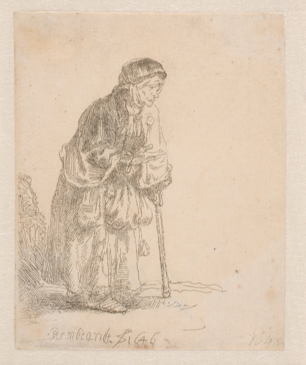Mendiga apoiada numa bengala de Rembrandt van Rijn
