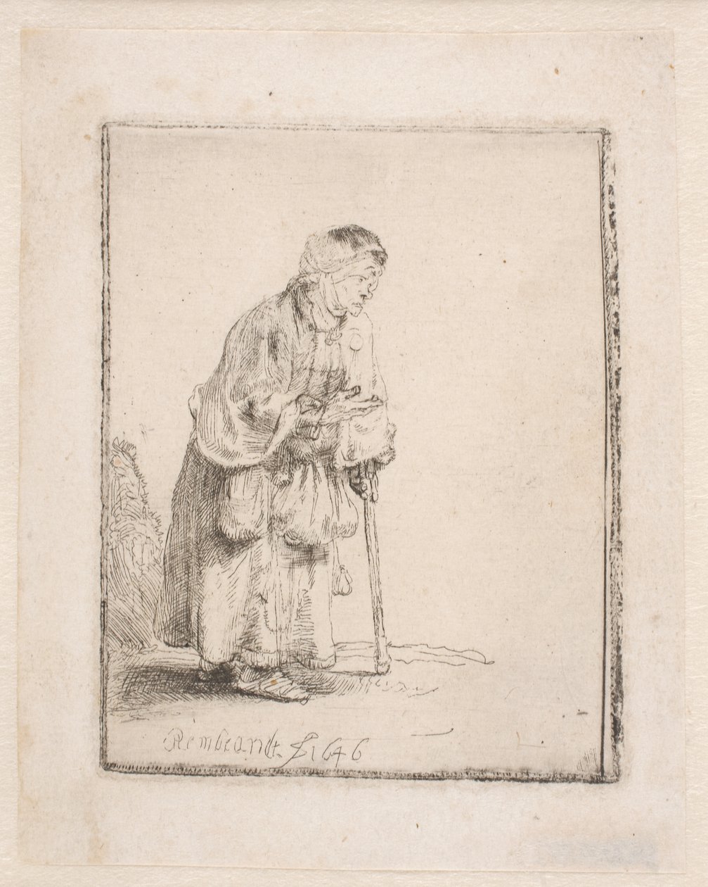 Mendiga apoiada numa bengala de Rembrandt van Rijn