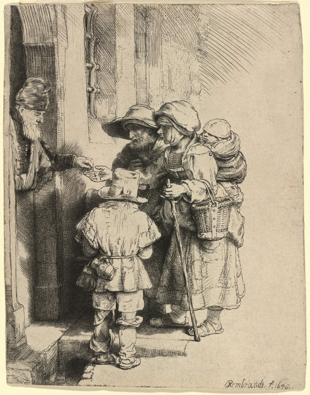 Beggars Receiving Alms at the Door of a House de Rembrandt van Rijn