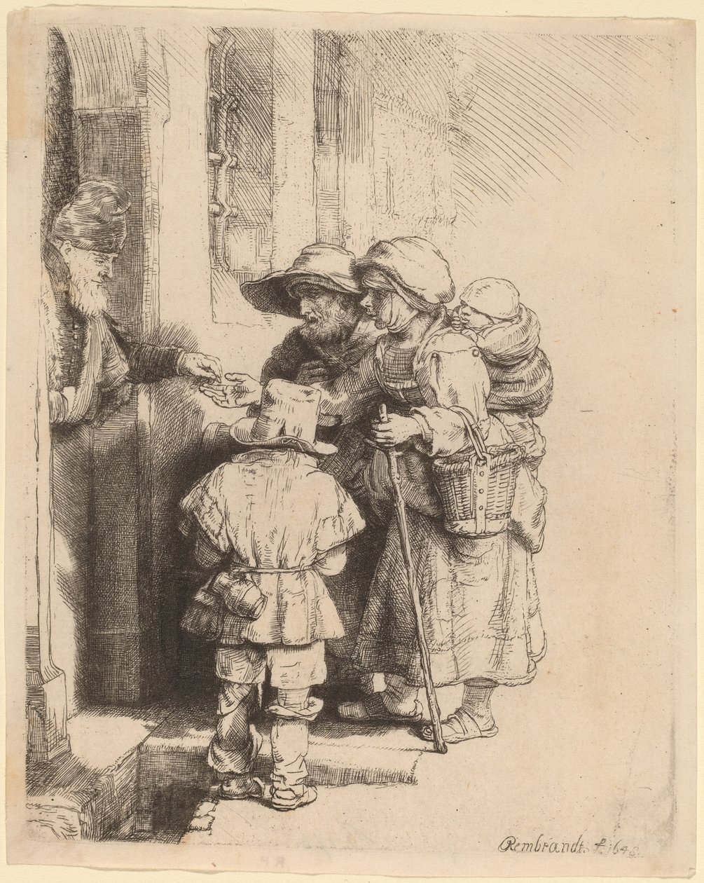 Mendigos recebendo esmolas na porta de uma casa de Rembrandt van Rijn
