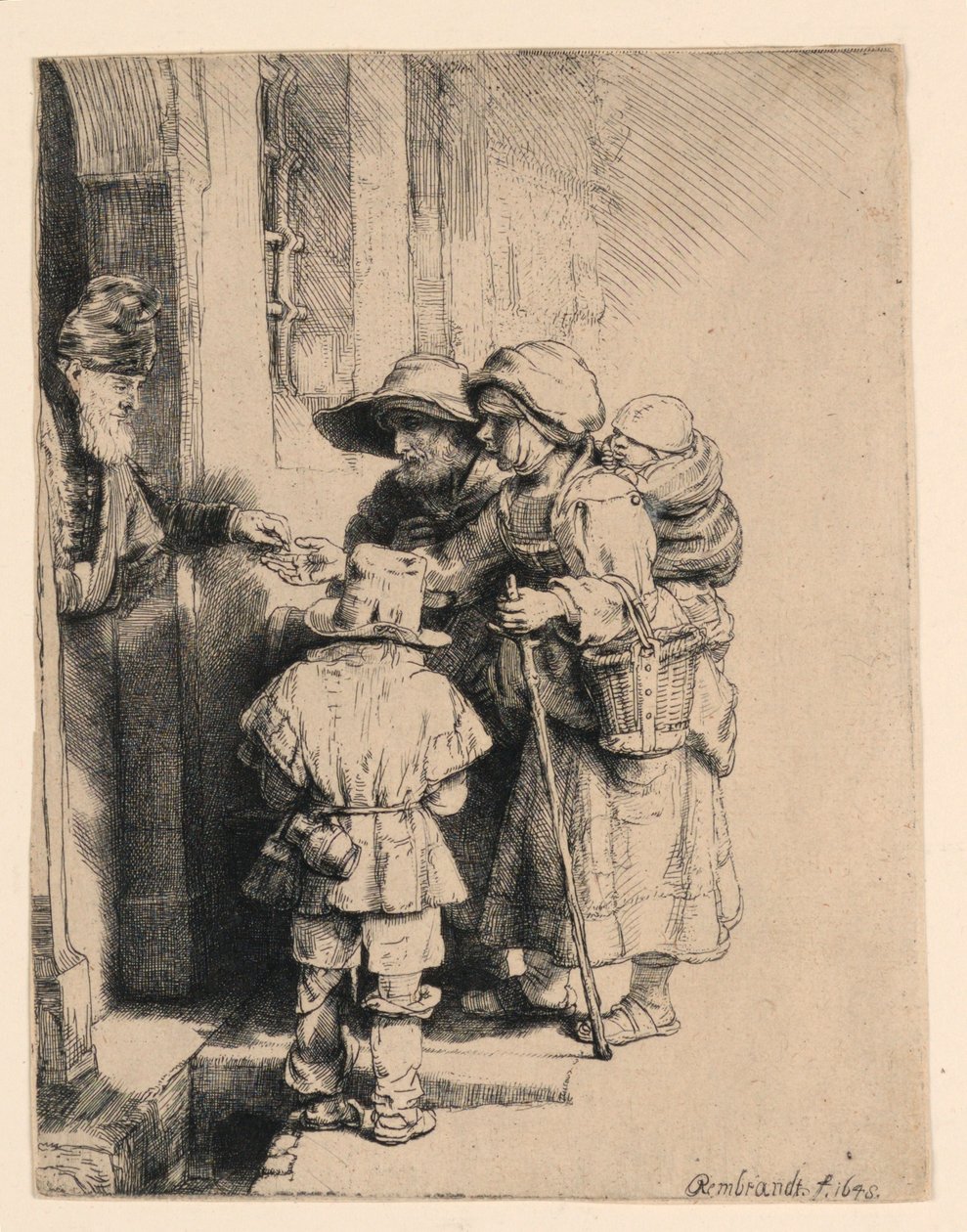 Mendigos recebendo esmolas na porta de uma casa de Rembrandt van Rijn