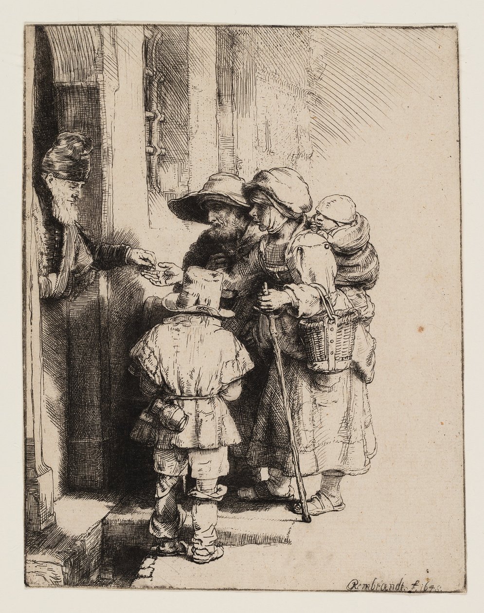 Mendigos recebendo esmolas na porta de uma casa de Rembrandt van Rijn
