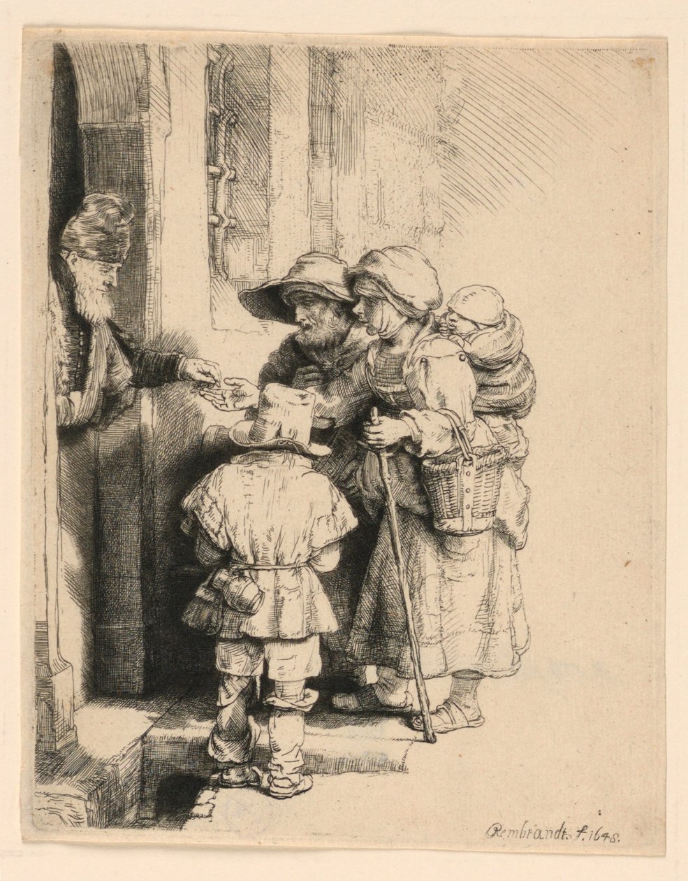 Mendigos recebendo esmolas na porta de uma casa de Rembrandt van Rijn