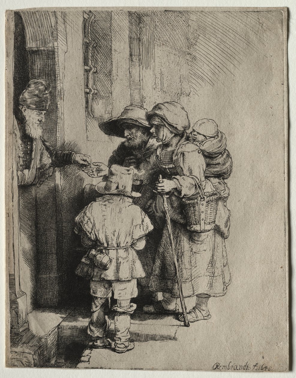 Mendigos recebendo esmolas na porta de uma casa de Rembrandt van Rijn