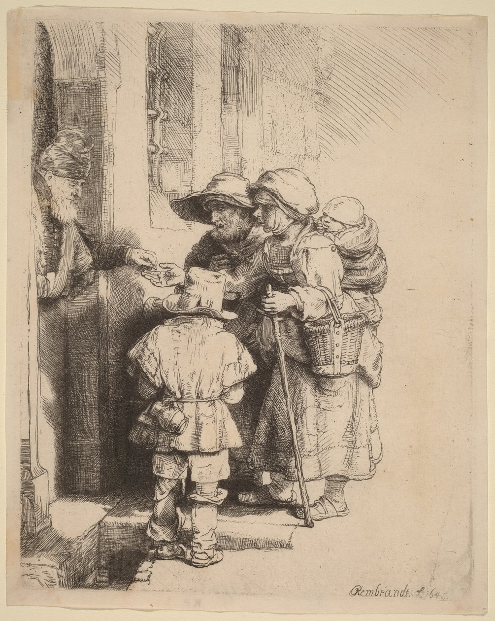 Mendigos a receber esmolas à porta de uma casa de Rembrandt van Rijn