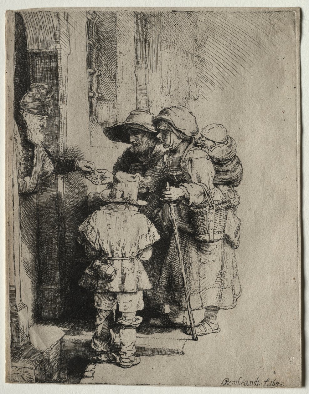 Mendigos recebendo esmola na porta de uma casa, 1648. de Rembrandt van Rijn