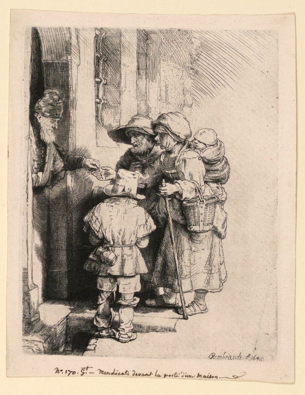 Mendigos recebendo esmolas na porta de uma casa de Rembrandt van Rijn