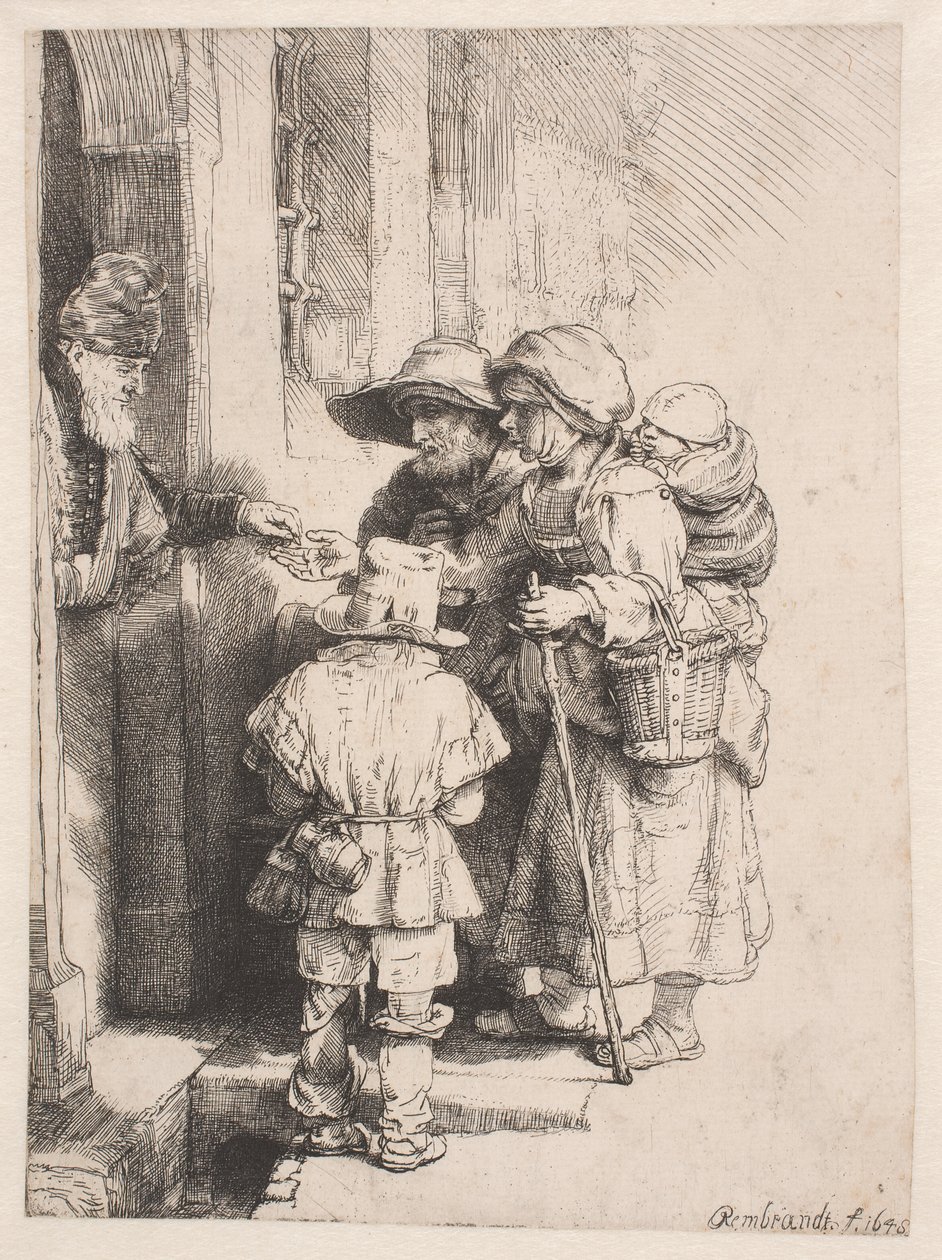 Mendigos a receber esmolas à porta de uma casa de Rembrandt van Rijn