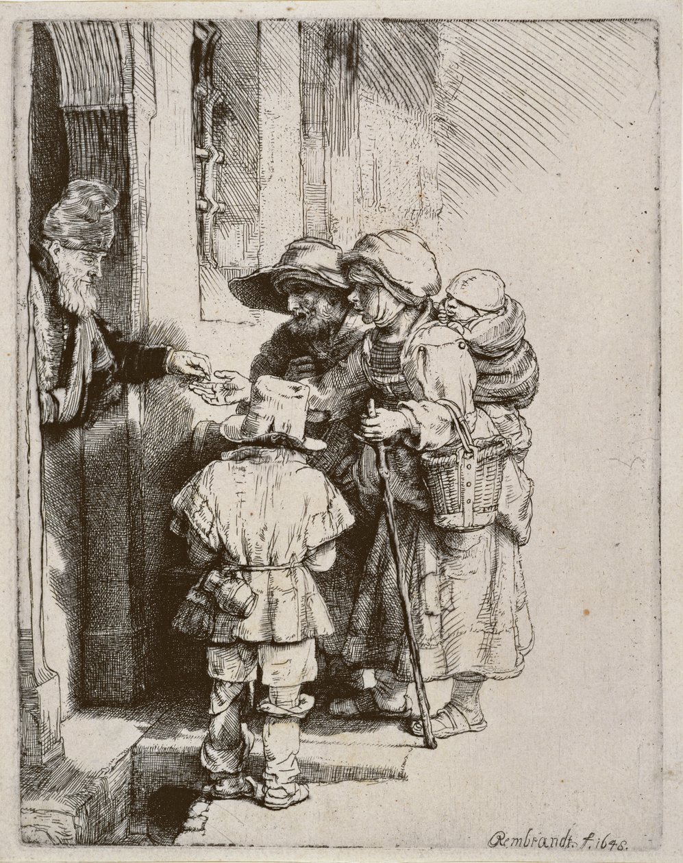 Mendigos recebendo esmolas na porta de uma casa, 1648 (gravura de ponta seca) de Rembrandt van Rijn