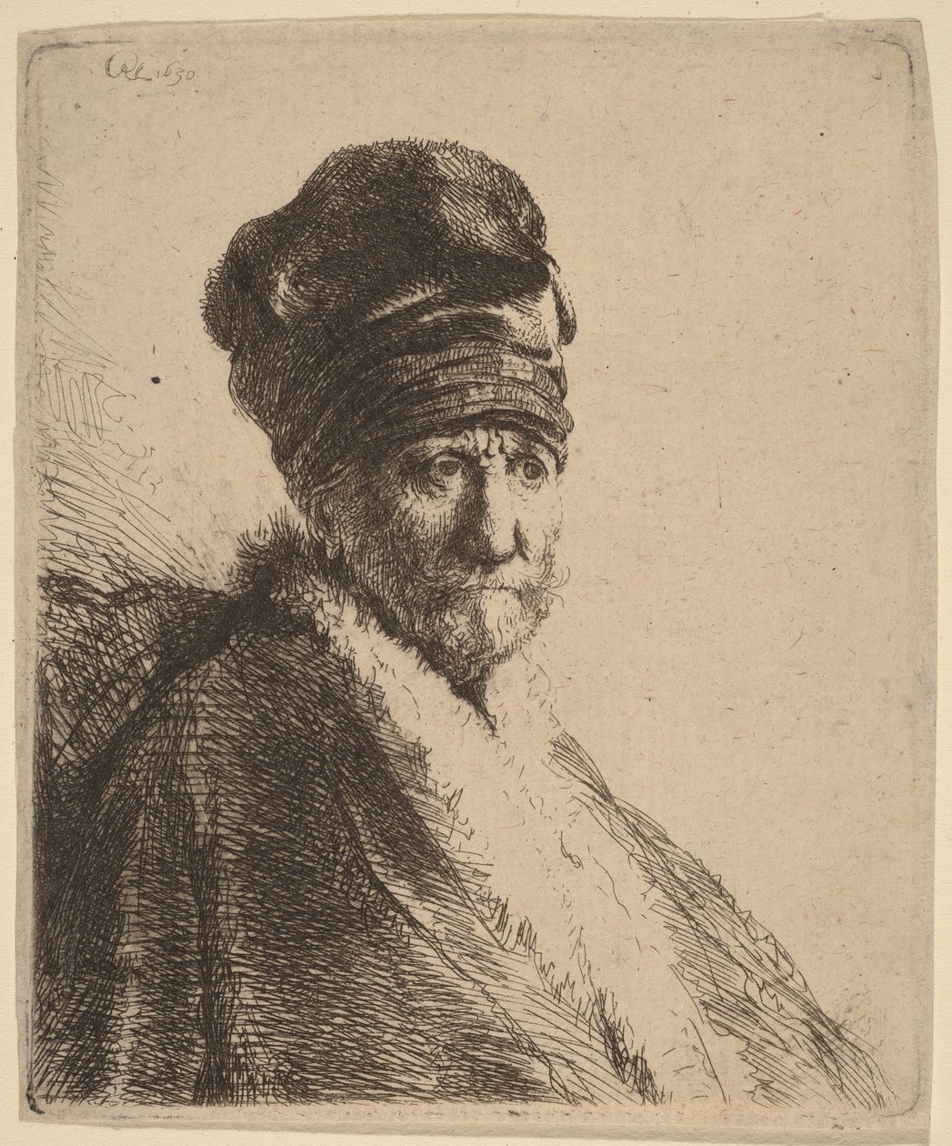 Busto de um homem com um boné de pala alta, visto de três quartos à direita (o pai do artista) de Rembrandt van Rijn