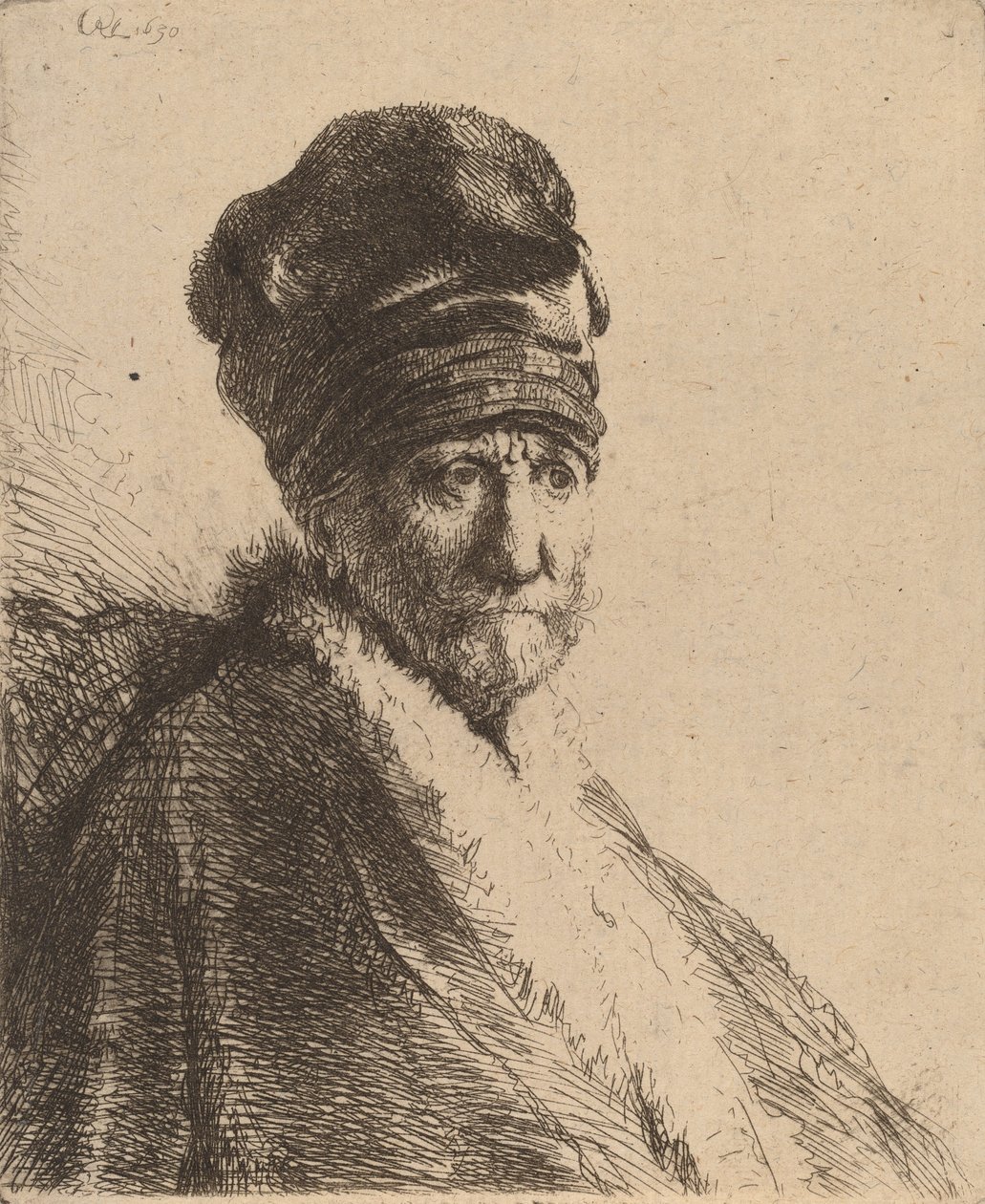 Busto de um homem vestindo um boné alto, três quartos à direita do pai do artista, 1630. de Rembrandt van Rijn