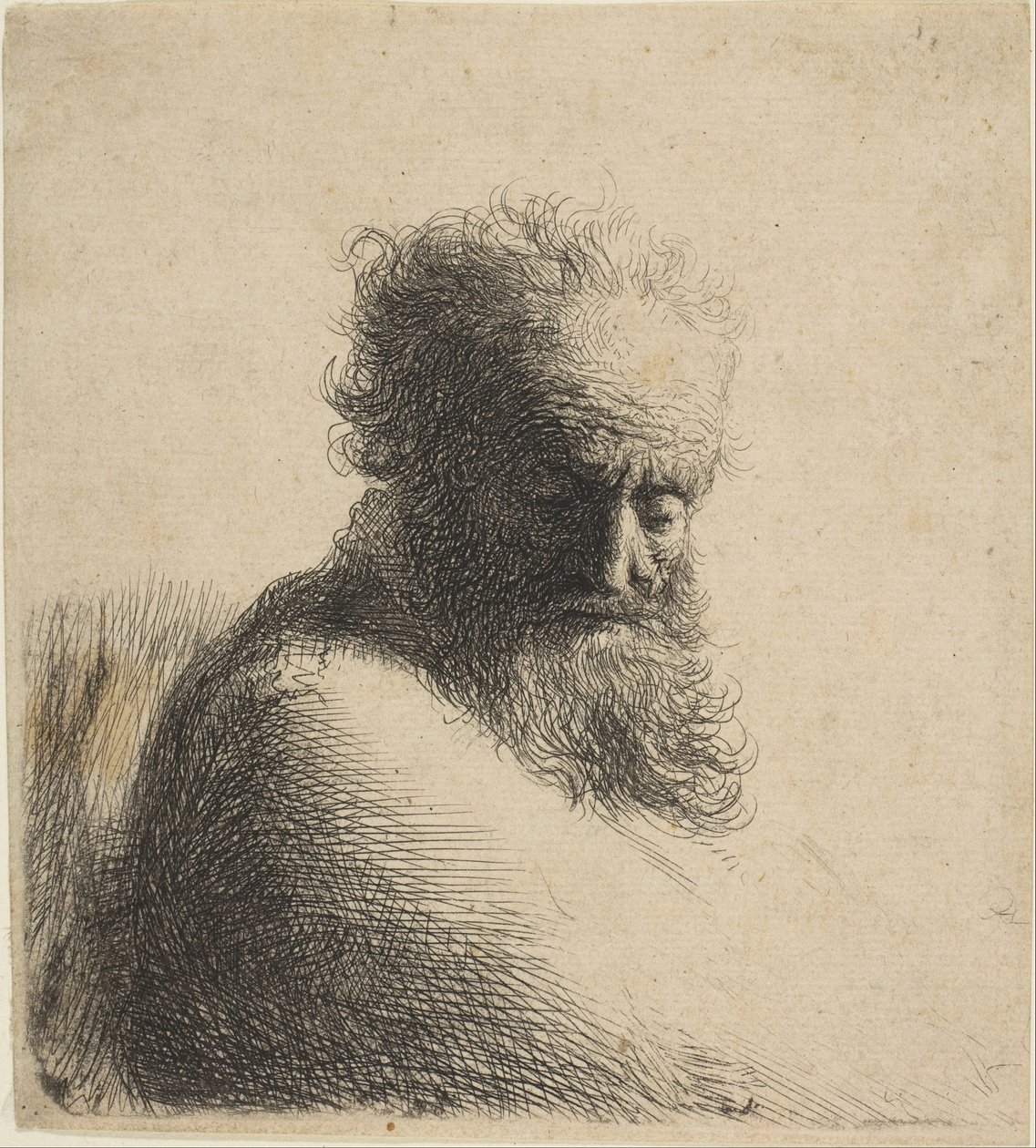 Busto de um velho barbudo olhando para baixo, três quartos à direita, 1631. de Rembrandt van Rijn