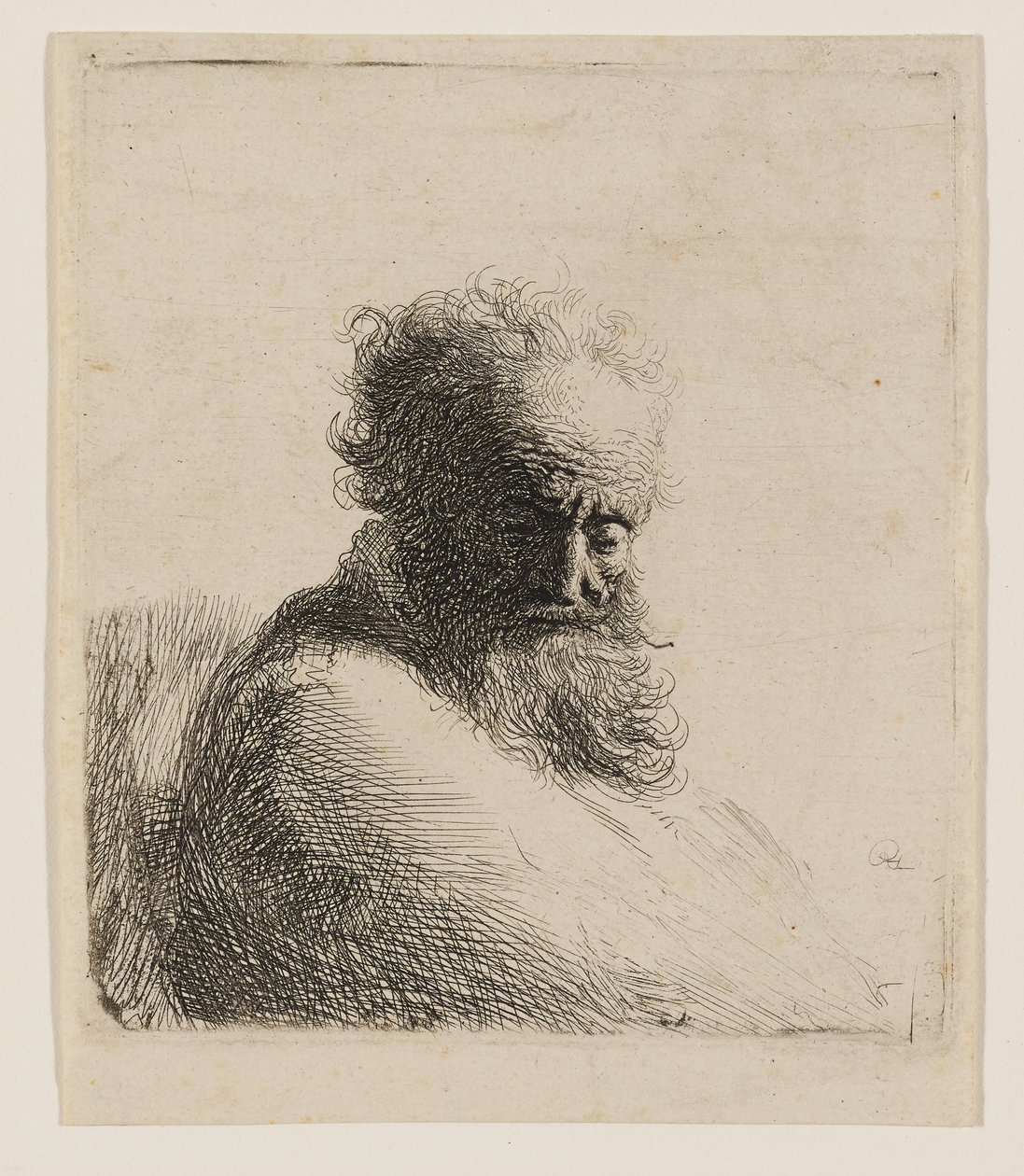 Busto de um homem idoso com barba, a olhar para baixo, em três quartos à direita de Rembrandt van Rijn