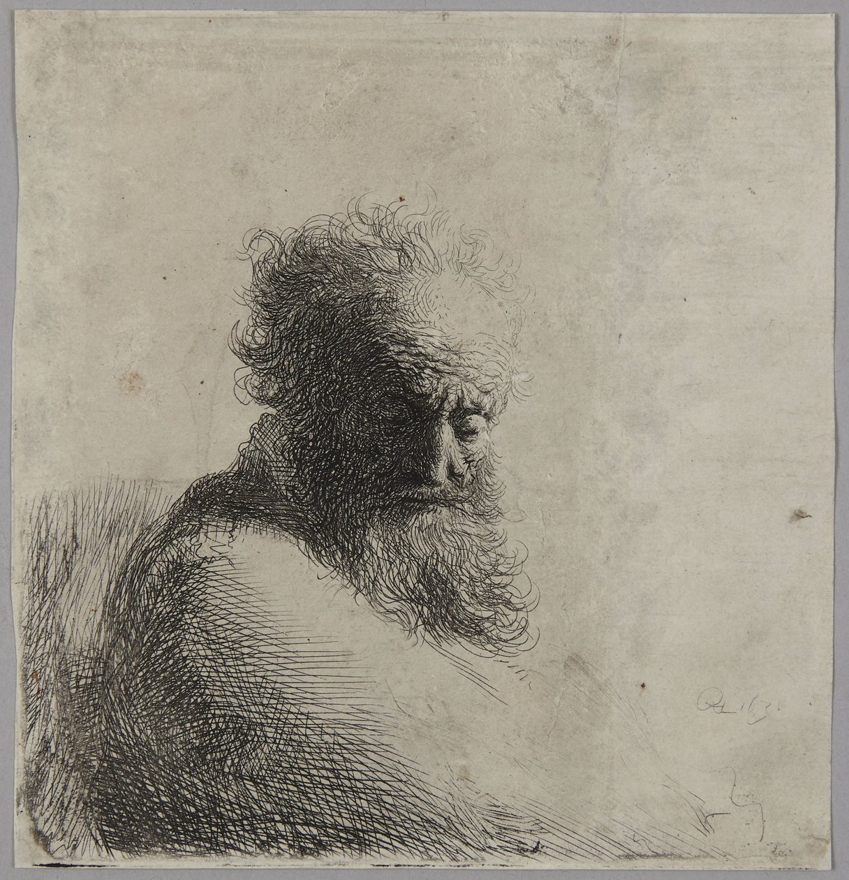 Busto de um homem idoso, com o olhar voltado para baixo, em três quartos à direita de Rembrandt van Rijn