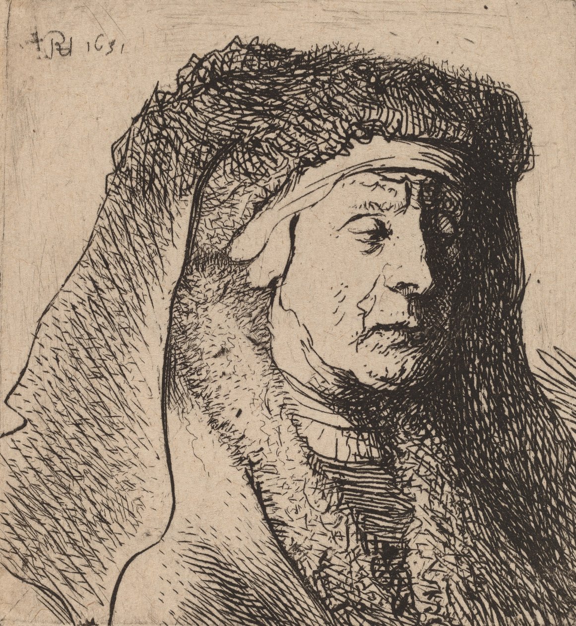 Busto de uma velha em um manto de pele e cocar pesado, 1631. de Rembrandt van Rijn