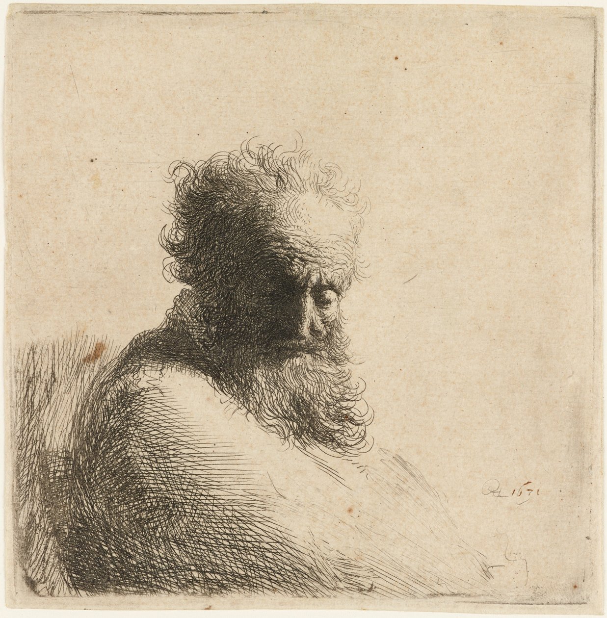 Busto de um velho barbudo, olhando para baixo, três quartos à direita, 1631. de Rembrandt van Rijn