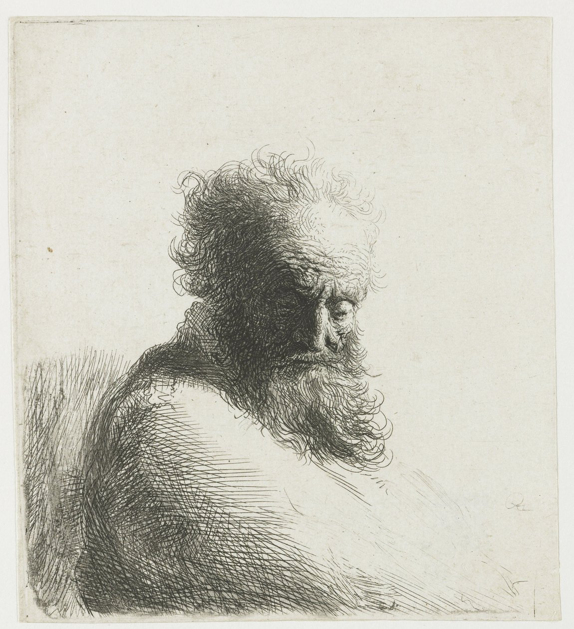 Busto de um velho barbudo, olhando para baixo, três quartos à direita de Rembrandt van Rijn