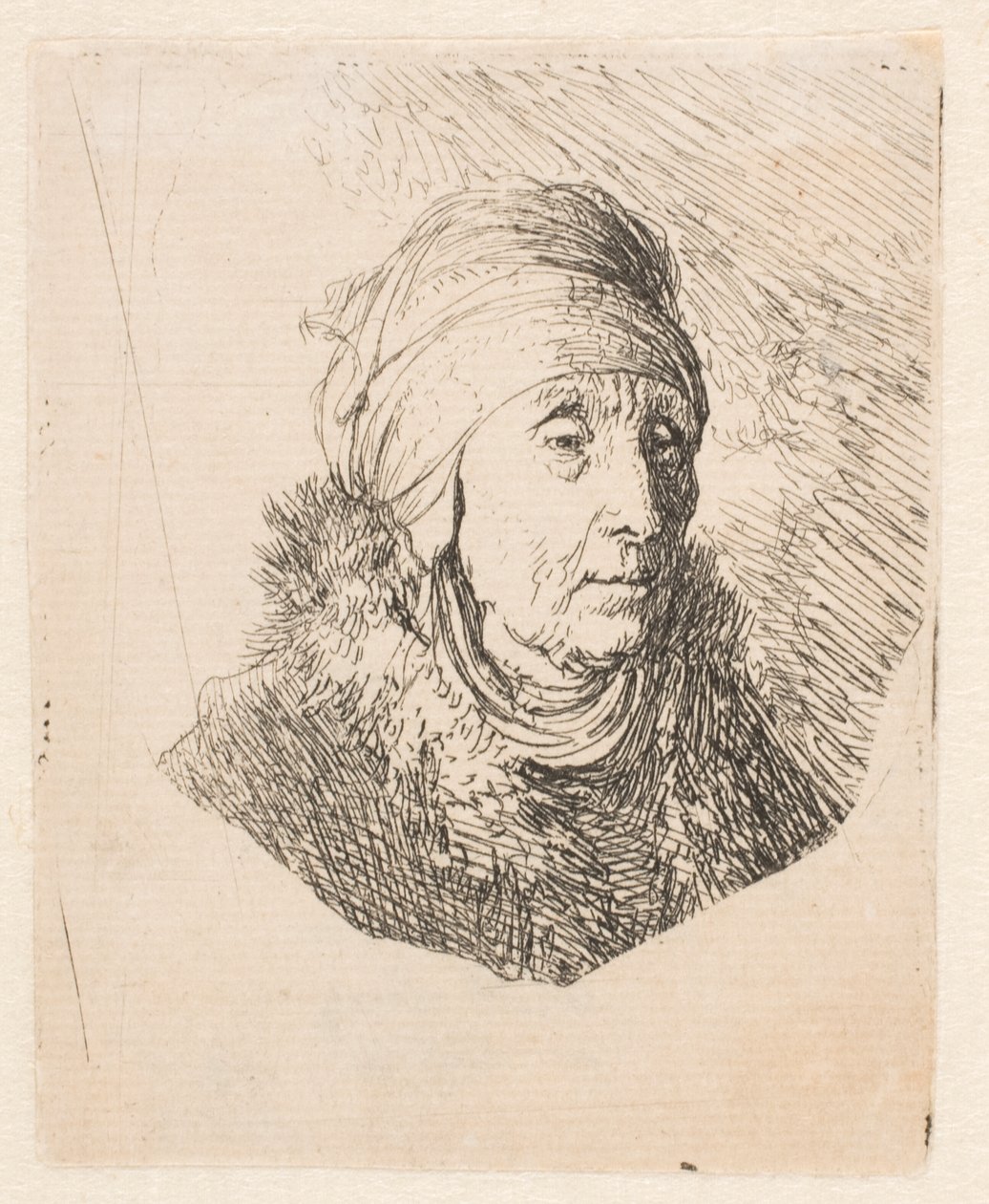 Busto de uma mulher idosa com um cocar alto preso à volta do queixo de Rembrandt van Rijn