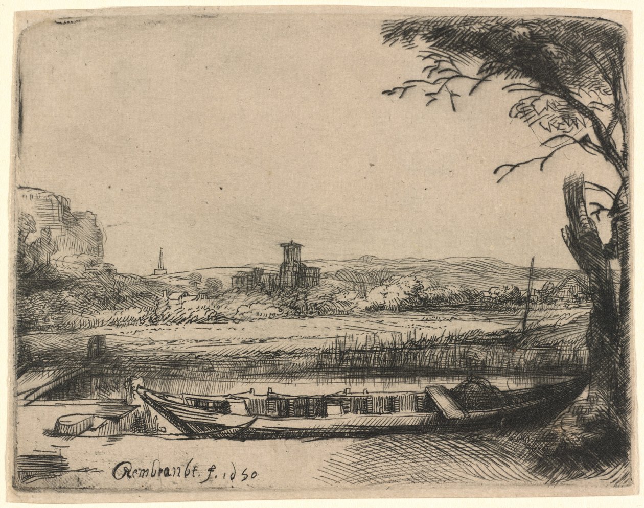 Canal com um grande barco e ponte de Rembrandt van Rijn