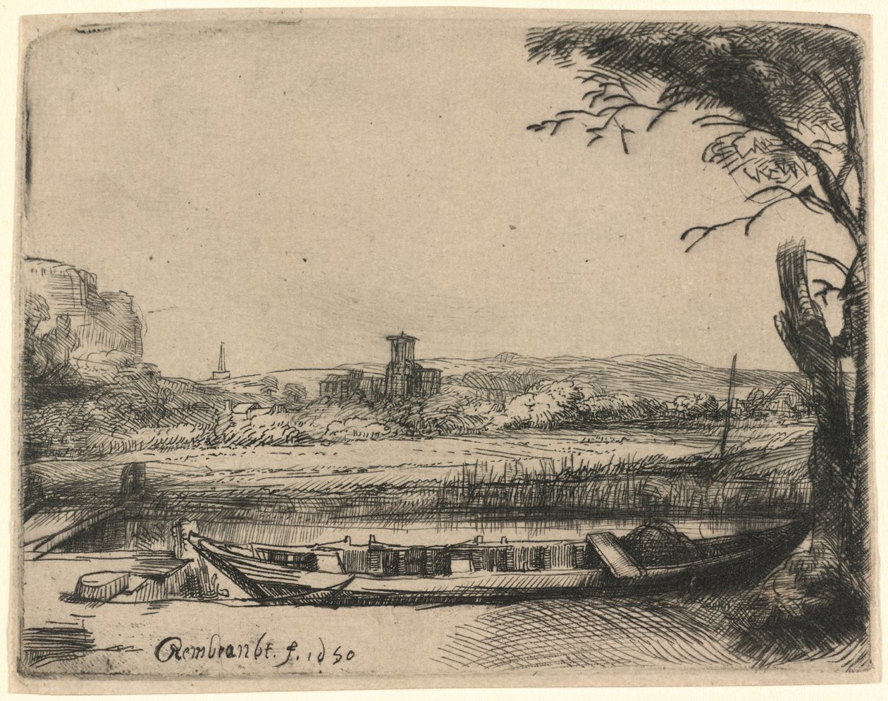 Canal com um grande barco e uma ponte de Rembrandt van Rijn