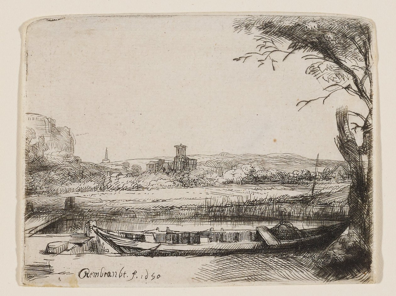 Canal com um grande barco e uma ponte de Rembrandt van Rijn