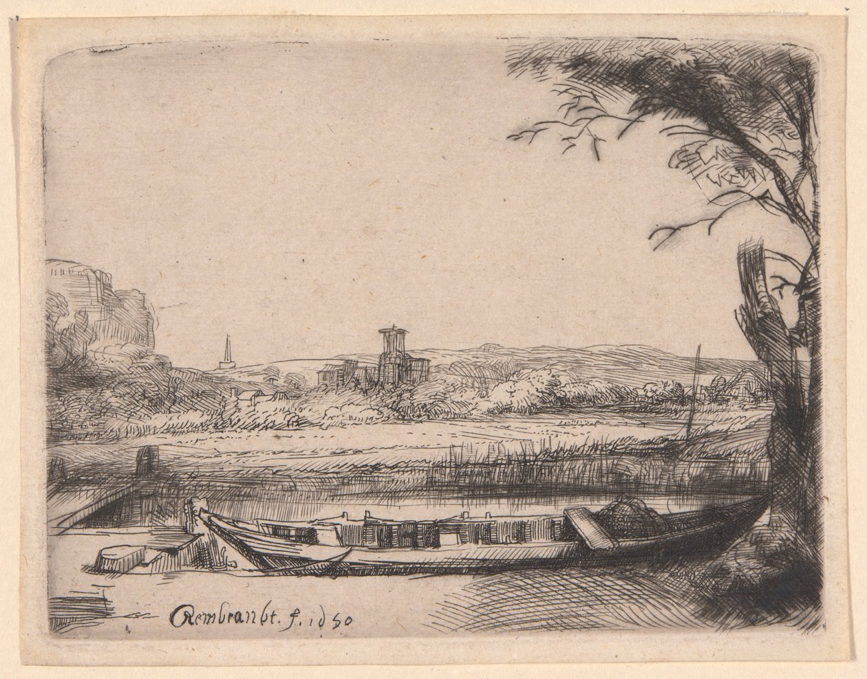 Canal com um grande barco e uma ponte de Rembrandt van Rijn
