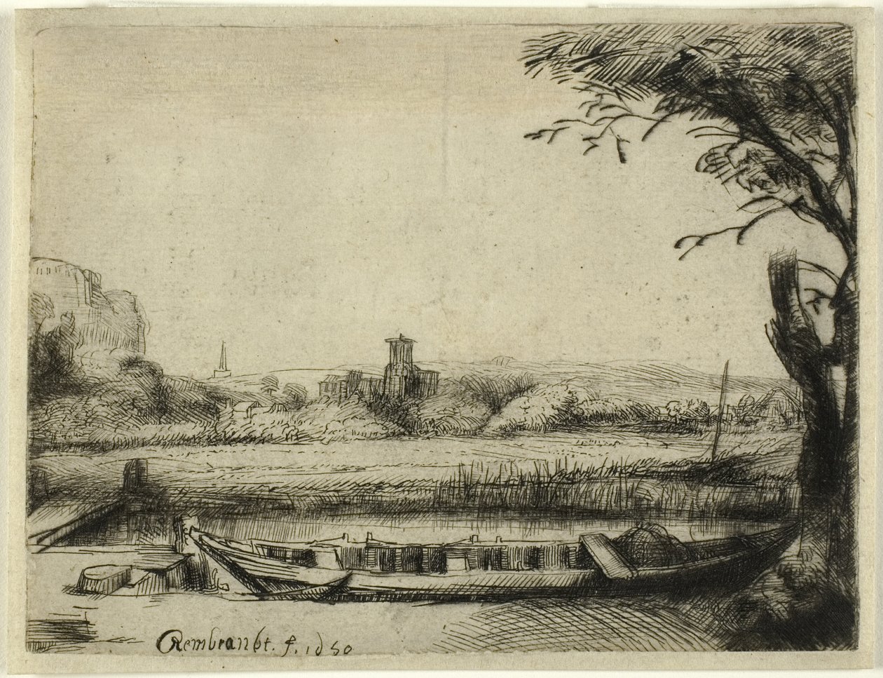 Canal com um grande barco e uma ponte de Rembrandt van Rijn