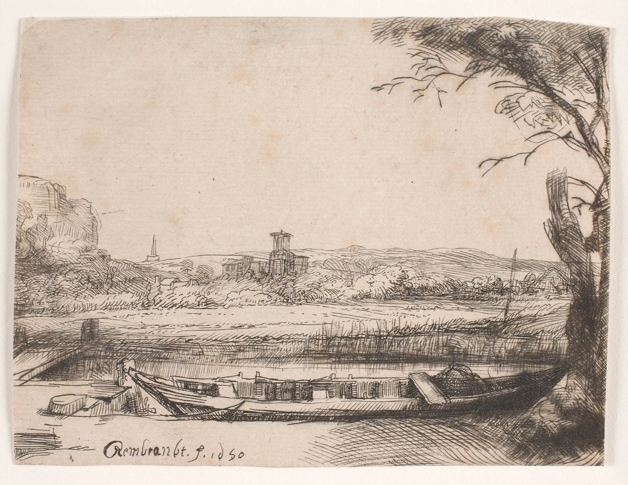 Canal com um grande barco e uma ponte de Rembrandt van Rijn