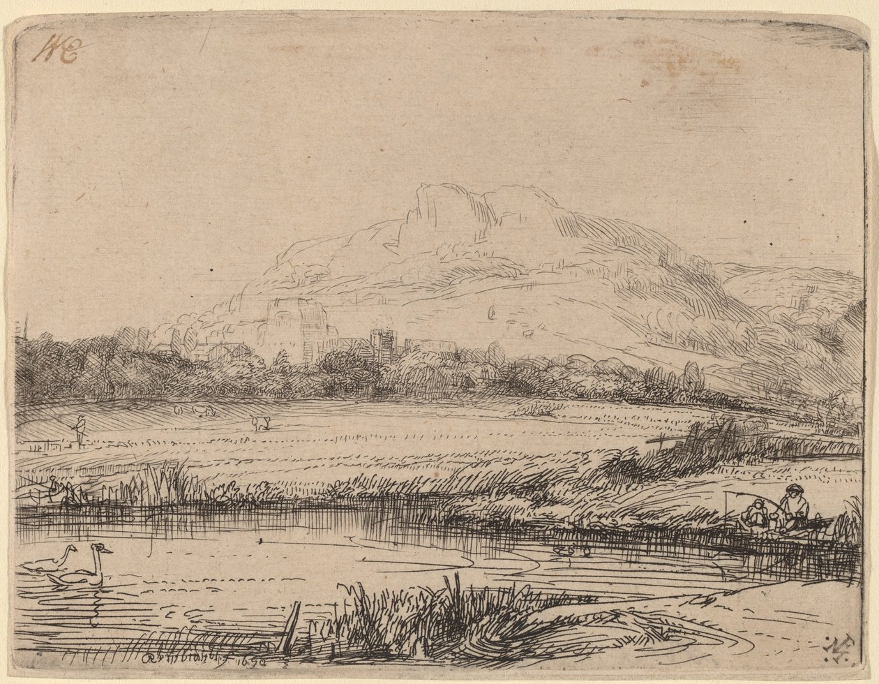 Canal com um pescador e dois cisnes de Rembrandt van Rijn