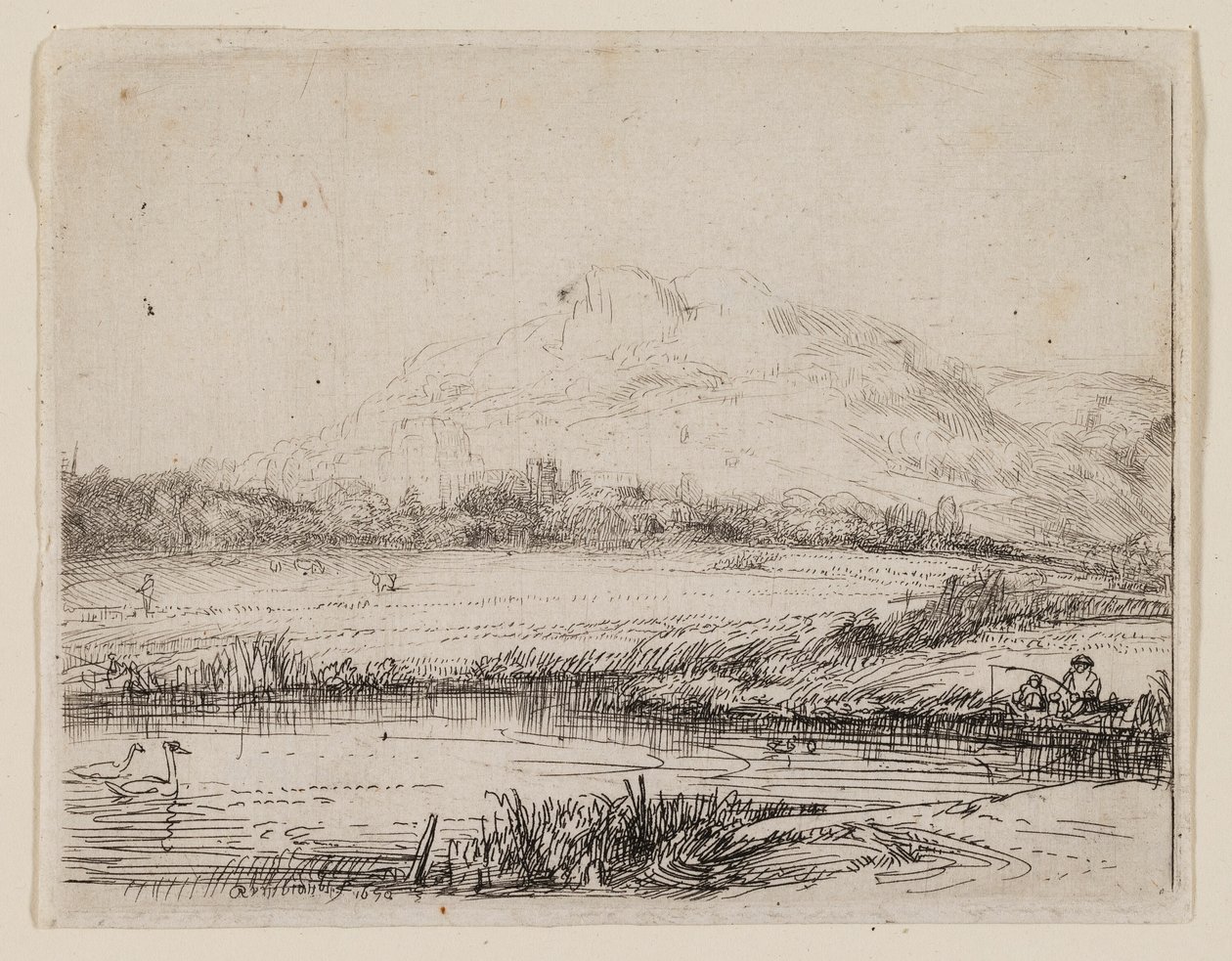 Canal com um pescador e dois cisnes de Rembrandt van Rijn