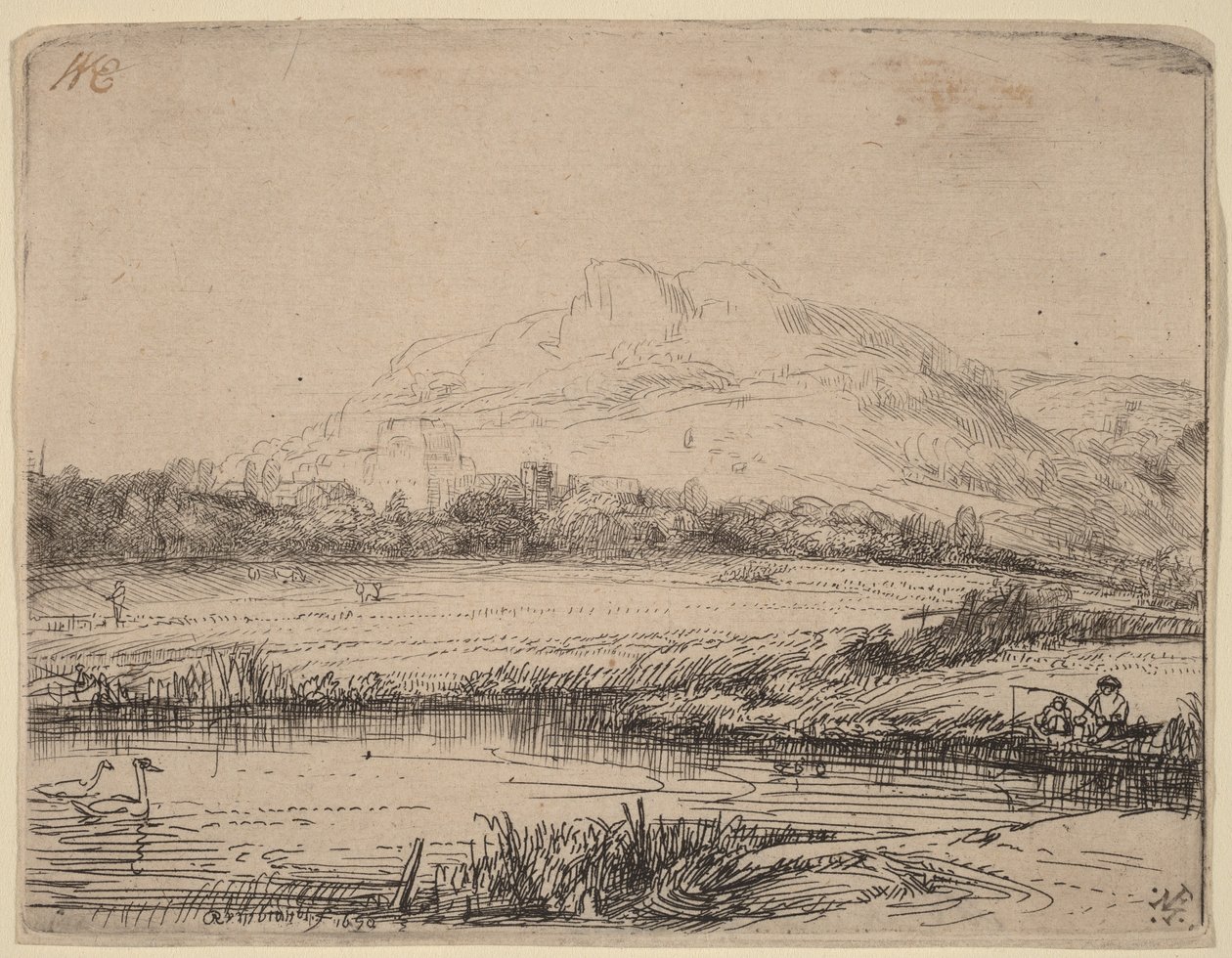 Canal com um pescador e dois cisnes de Rembrandt van Rijn